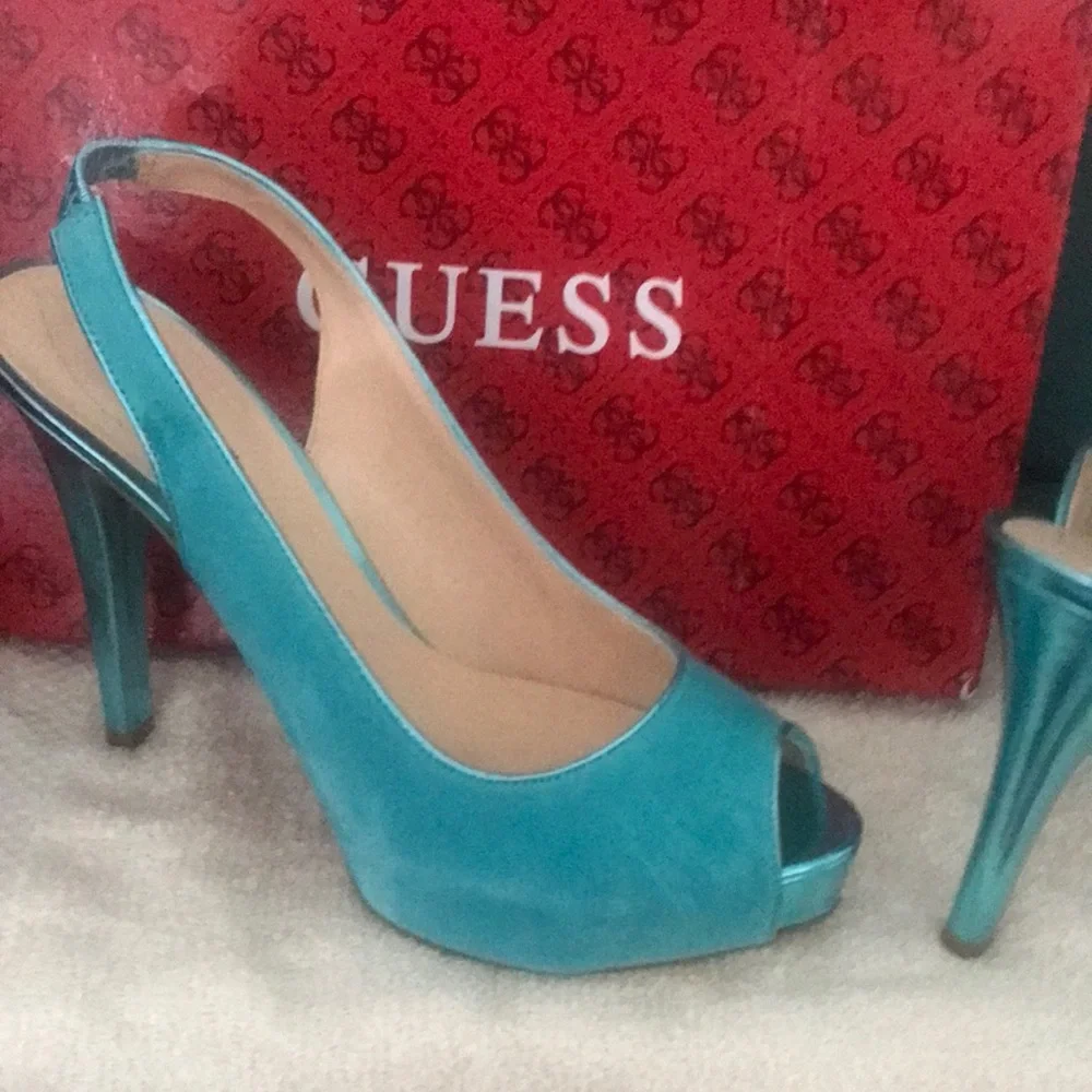 GUESS Turquoise Peep-Toe Slingback Platform Heels